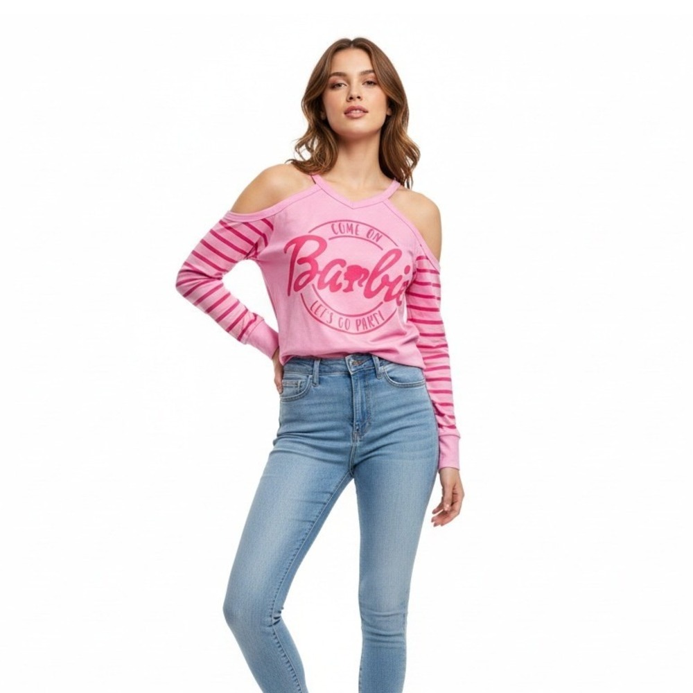 Barbie Pink Cold Shoulder Long Sleeve Graphic Tee Striped Small